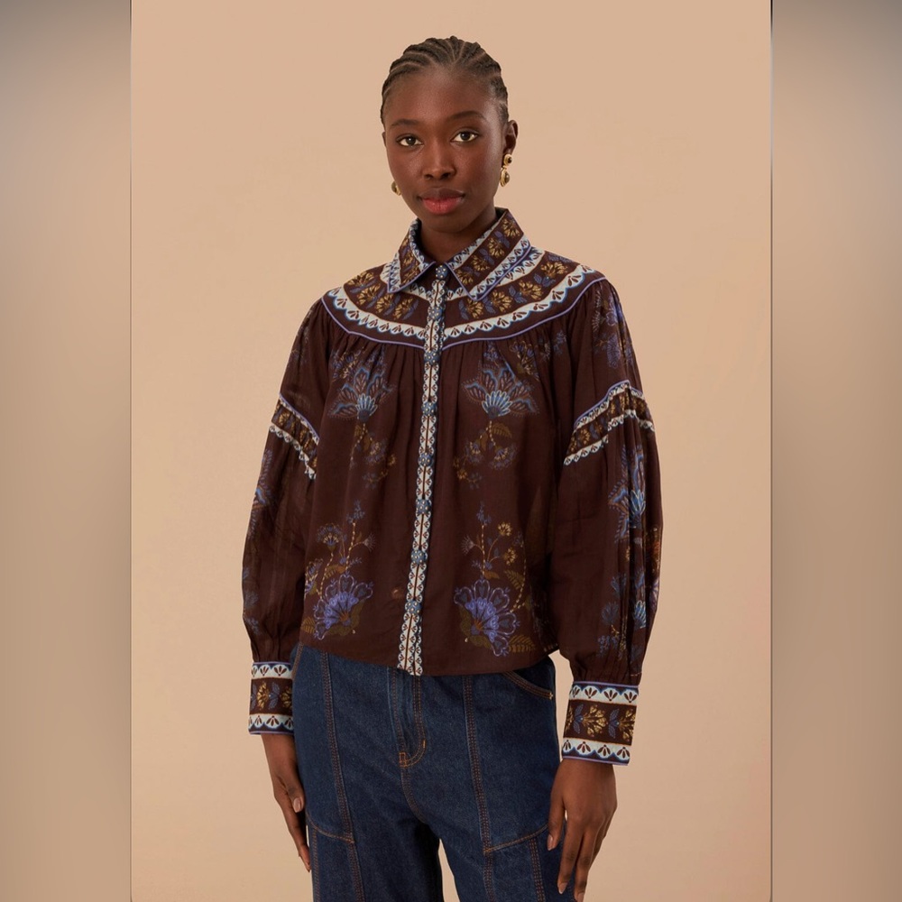 Farm Rio Brown Embroidered Garden Blouse